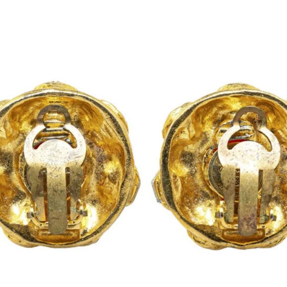 CHANEL Red Gripoix Rhinestone Round Clip-On Earrings Gold Tone Auth - Picture 8 of 12